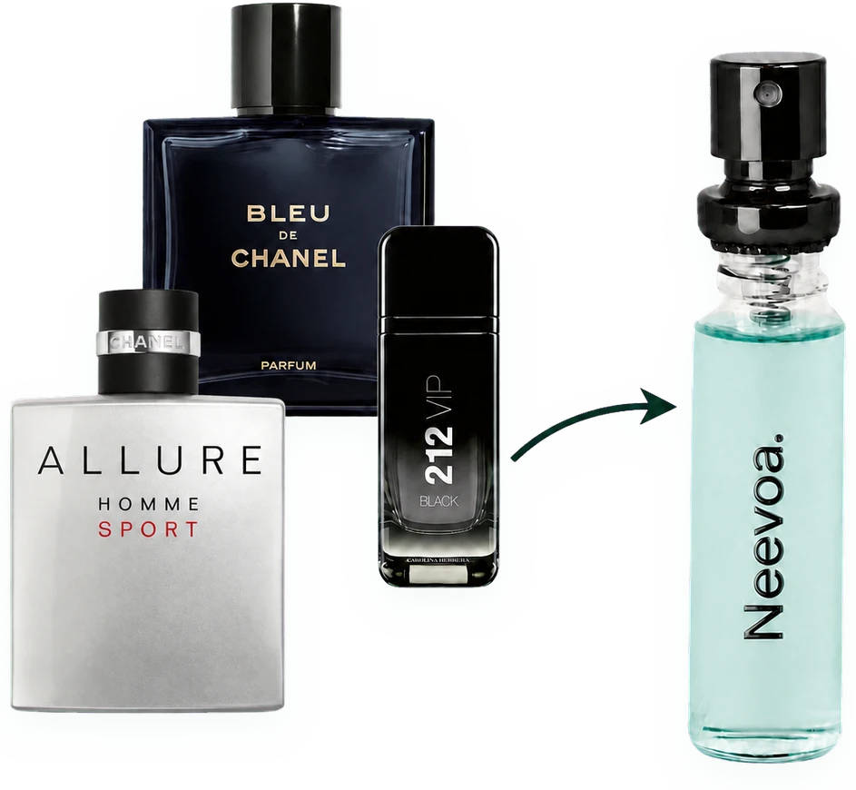 Bleu de Chanel, Allure Homme Sport e 212 VIP Black ao lado de um decant Neevoa.